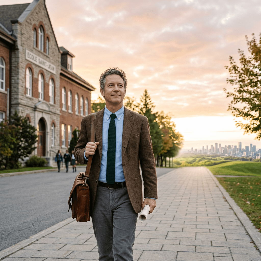 Man in blazer carrying briefcase and papers walking outside school building