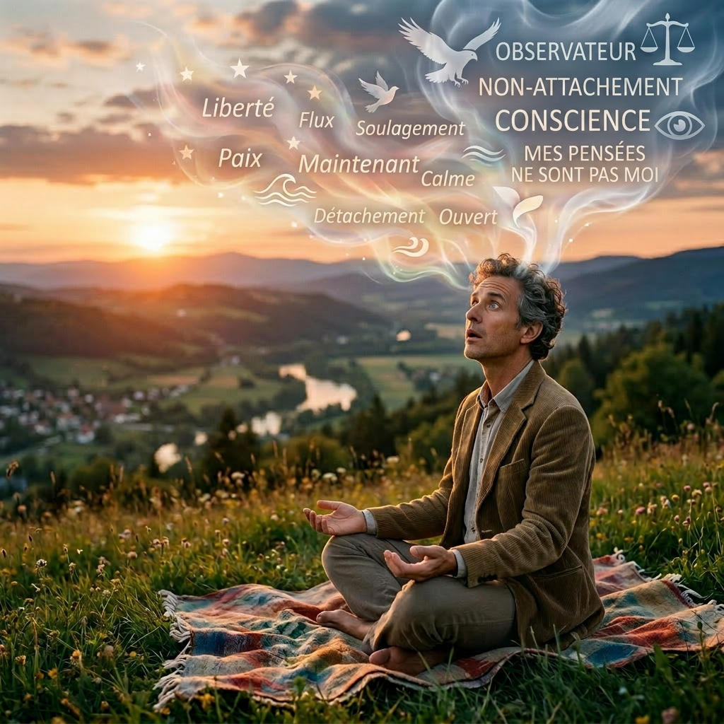 Woman sitting cross-legged on a blanket in a field meditating at sunset with calming words floating above